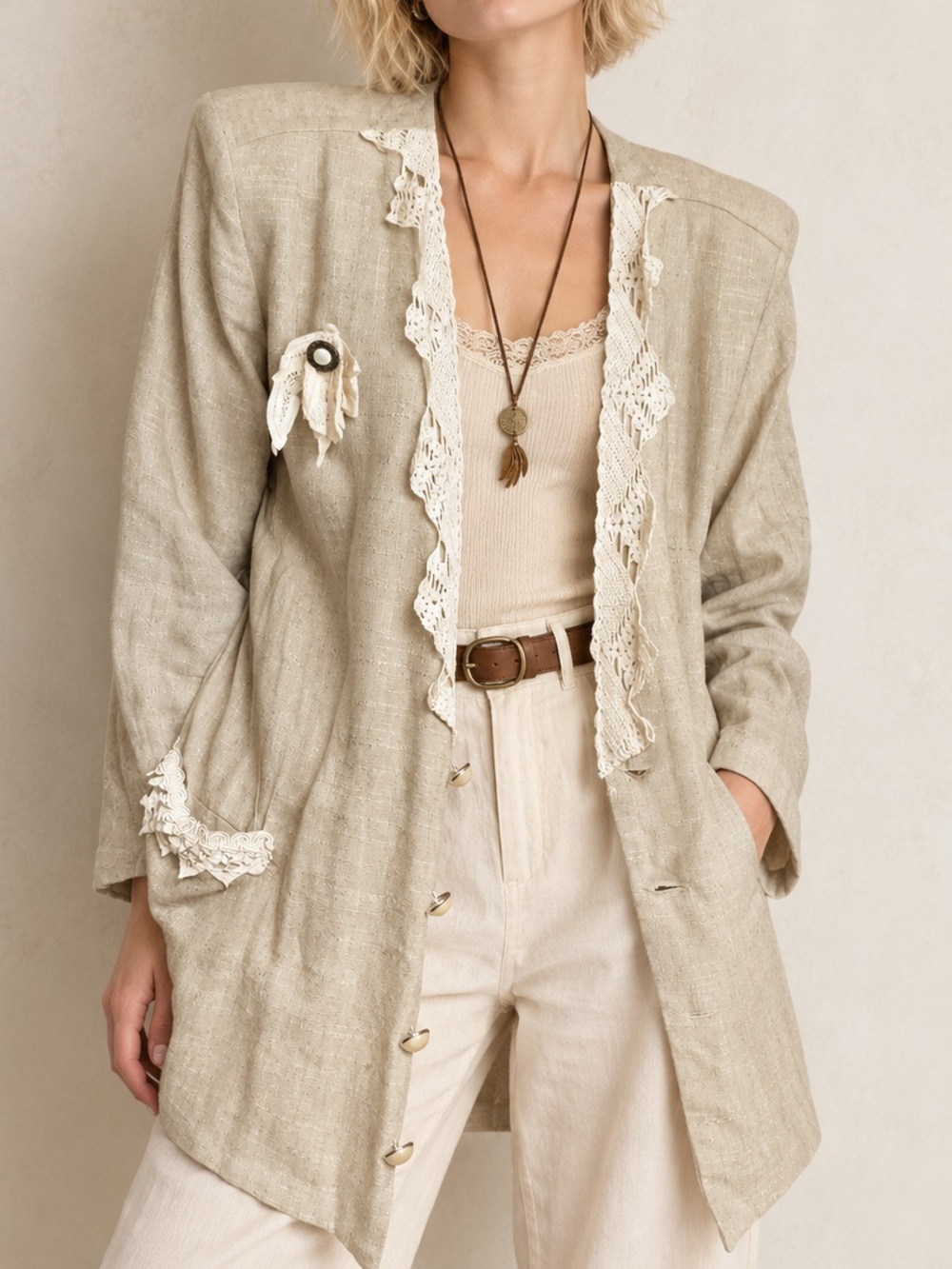 Vintage 1980’s Melrose Woman Cream Flax Linen Lace Blazer Size 14/16